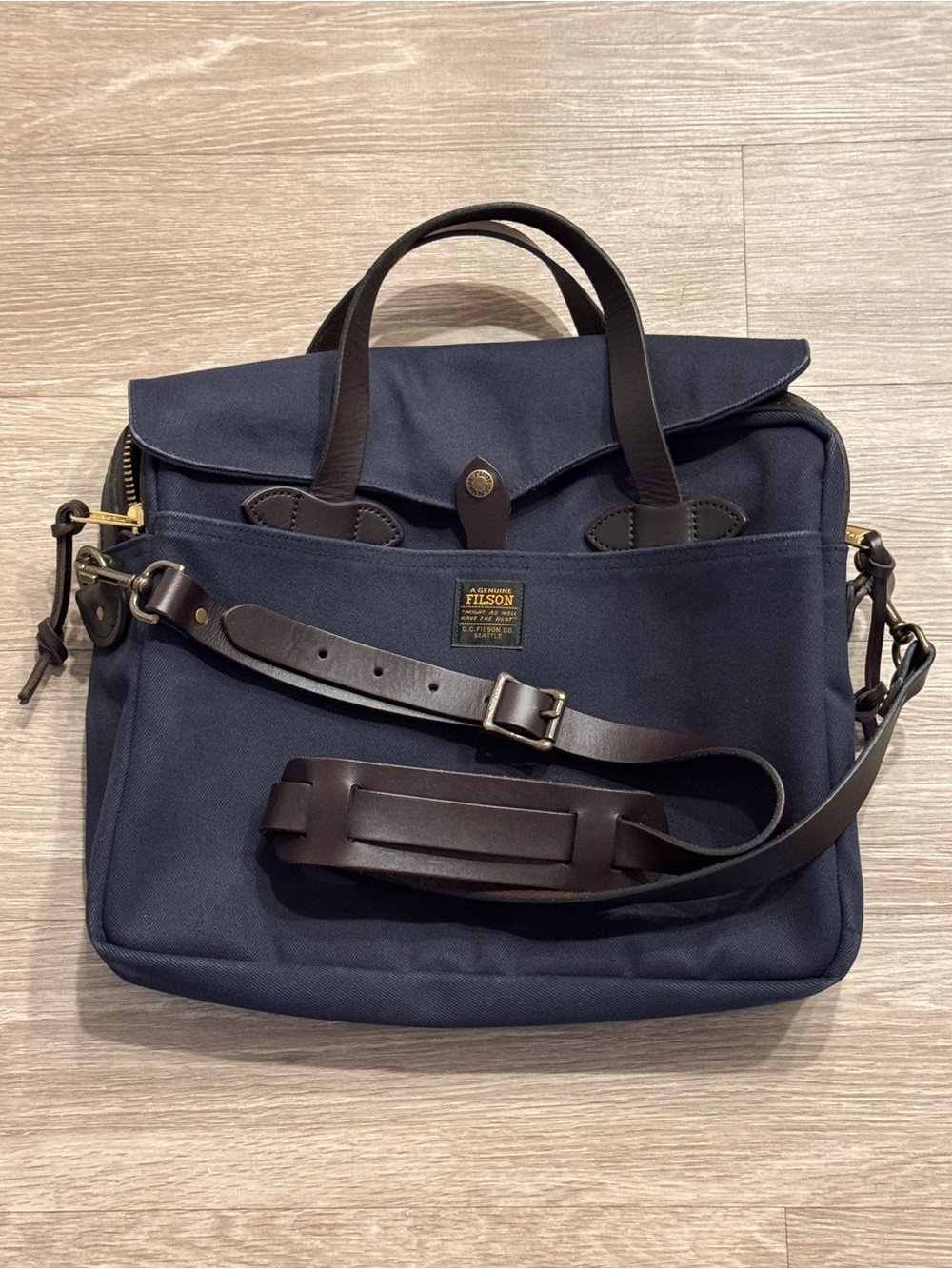 Filson Navy and Dark Brown Leather Laptop Briefcase